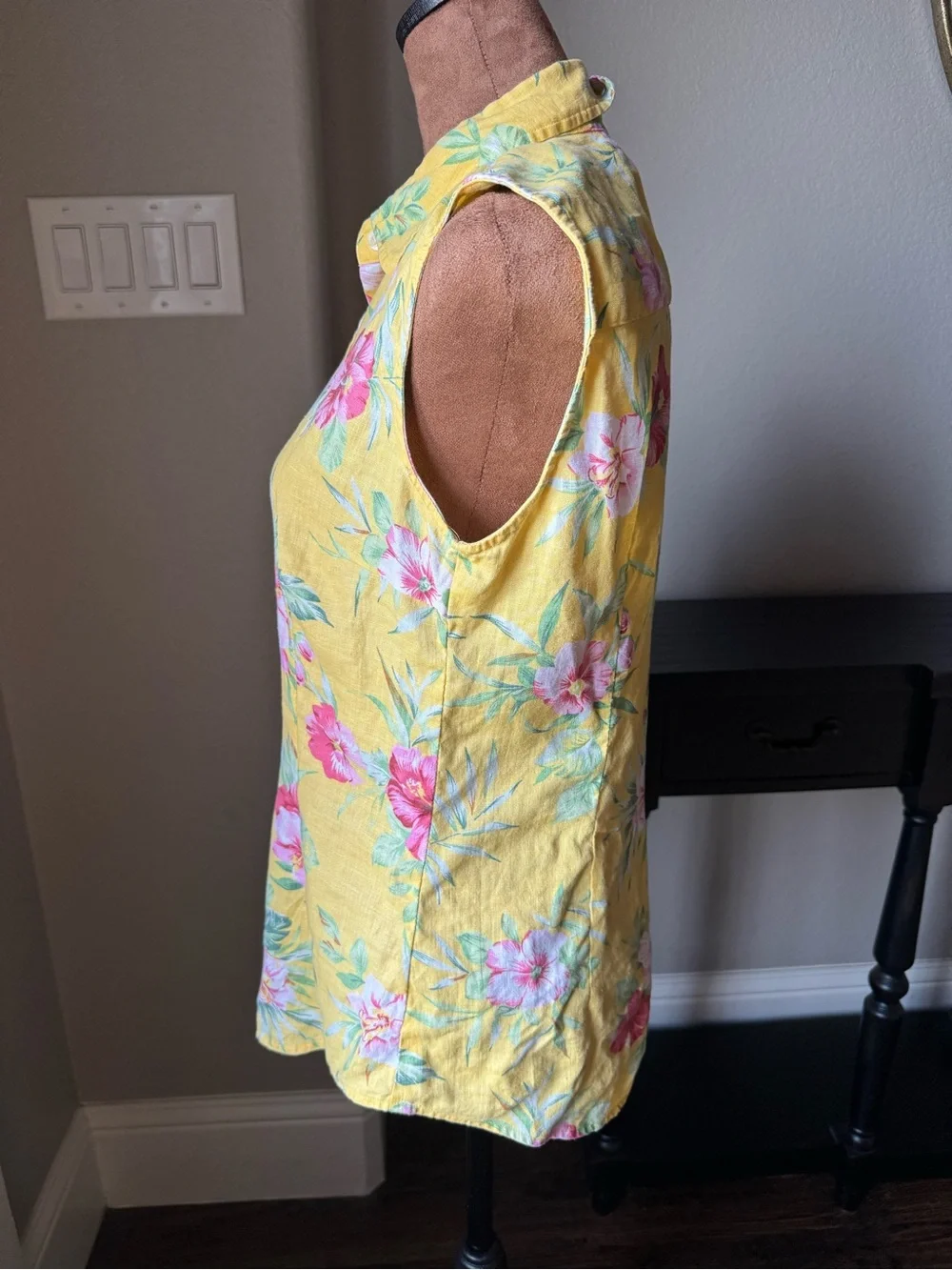 Lauren Ralph Lauren 100% Linen Yellow Hibiscus Floral Sleeveless Button Shirt M